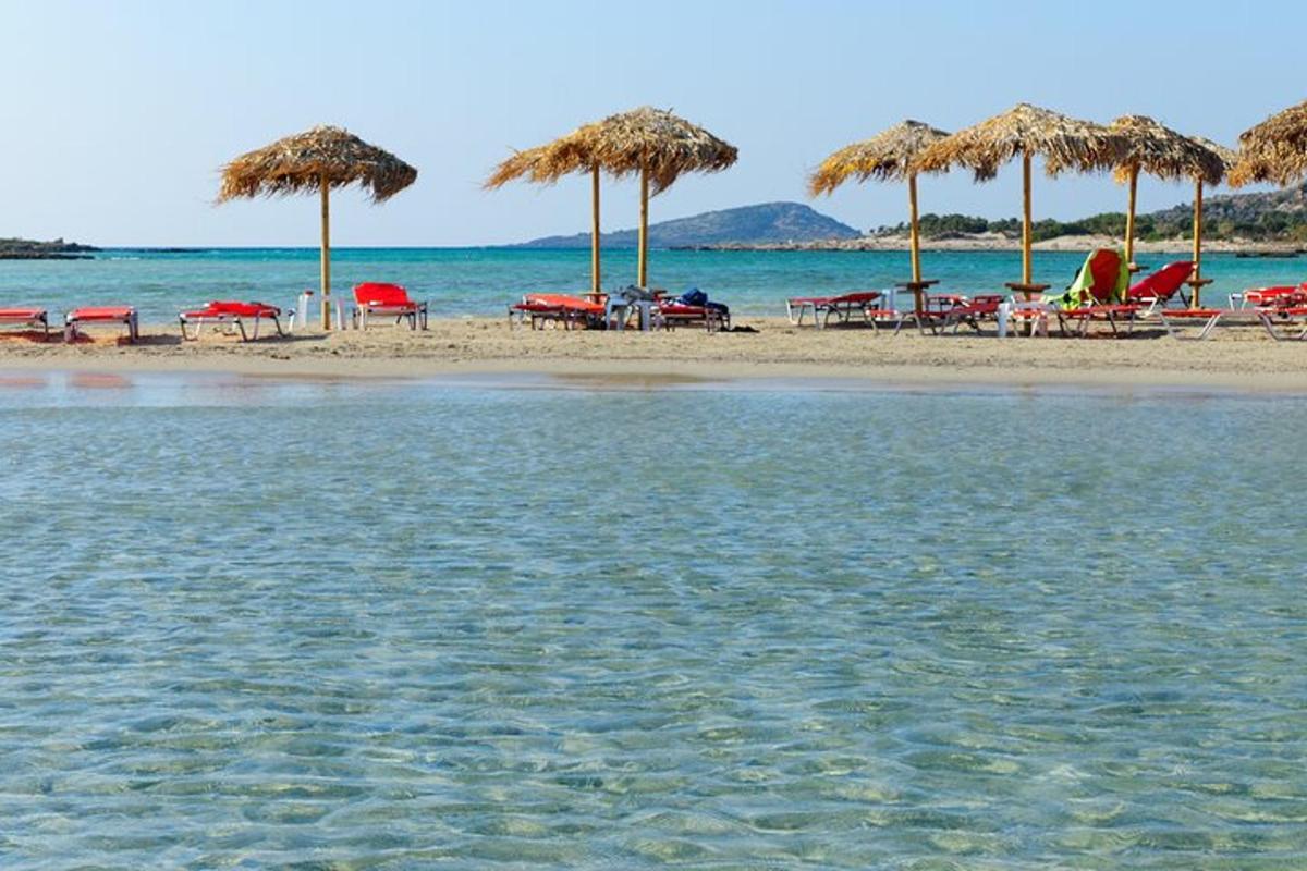 a beach with chairs and umbrellas and the water