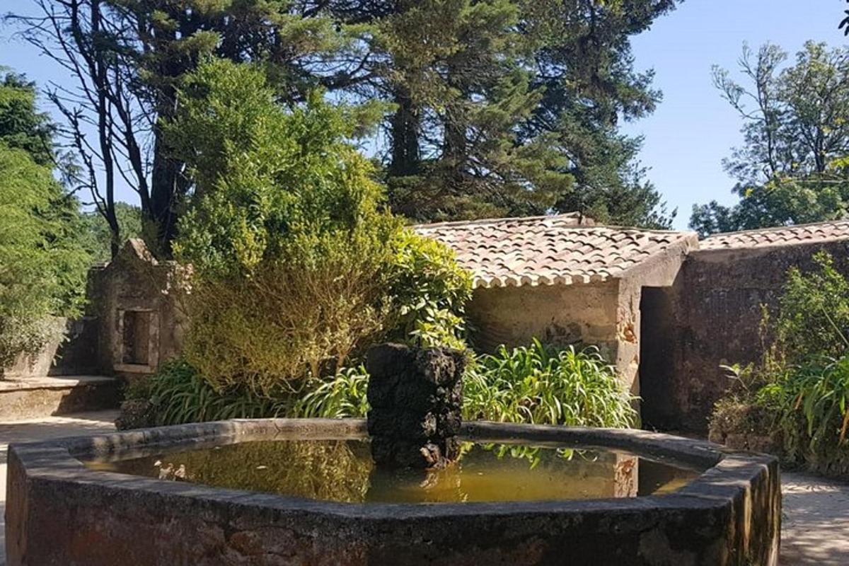 una font davant d'un pati amb una casa