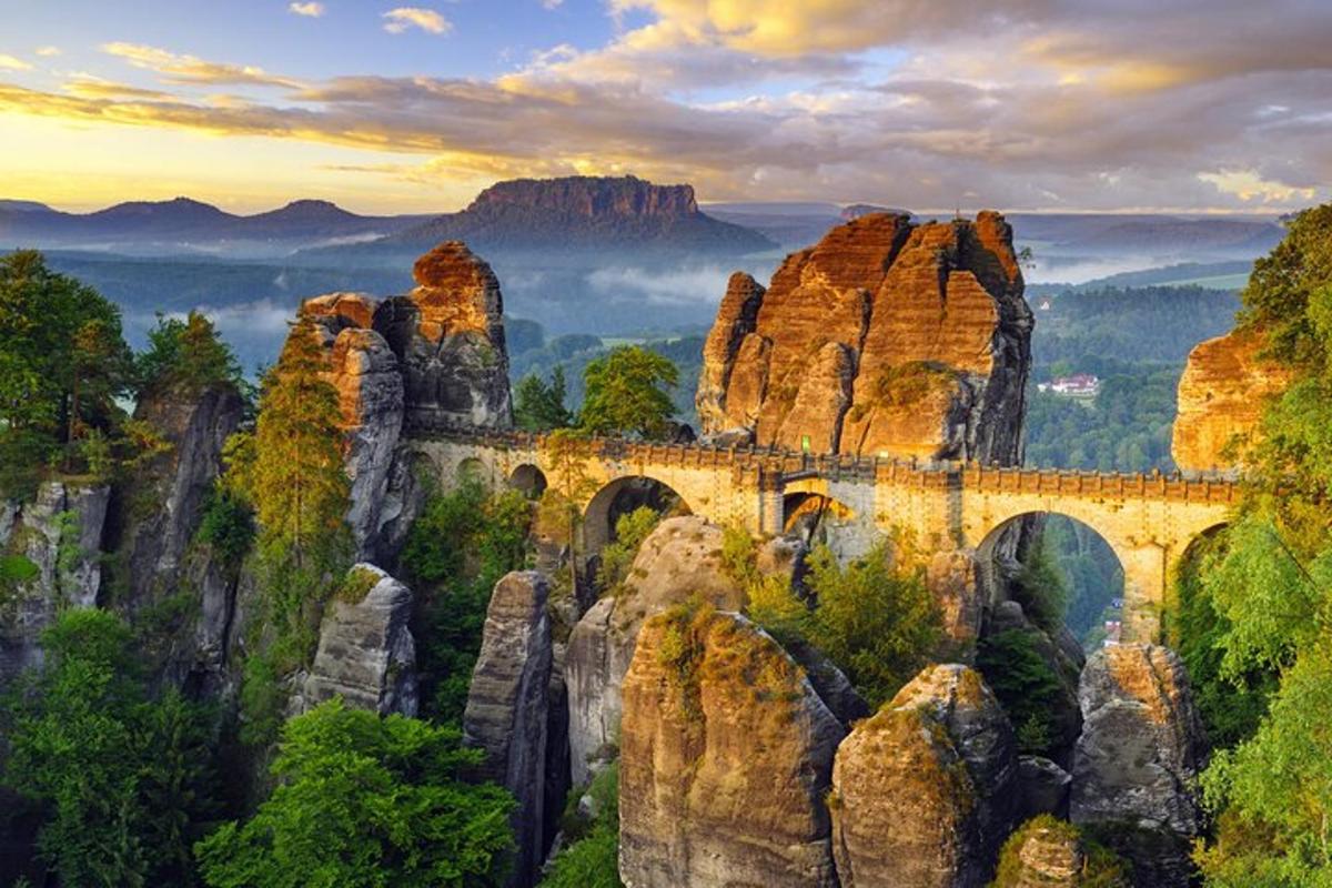 un ponte in montagna con alberi e rocce