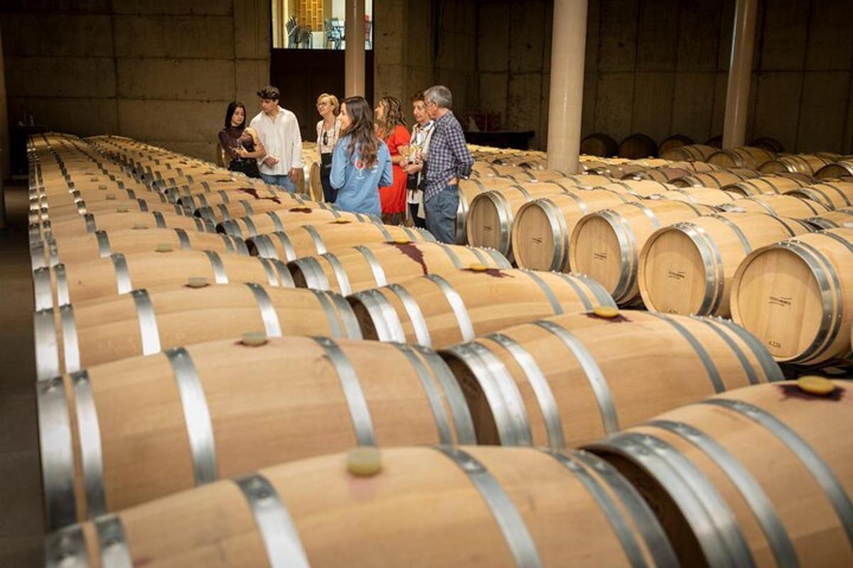 um grupo de pessoas em pé em uma sala com barris de vinho