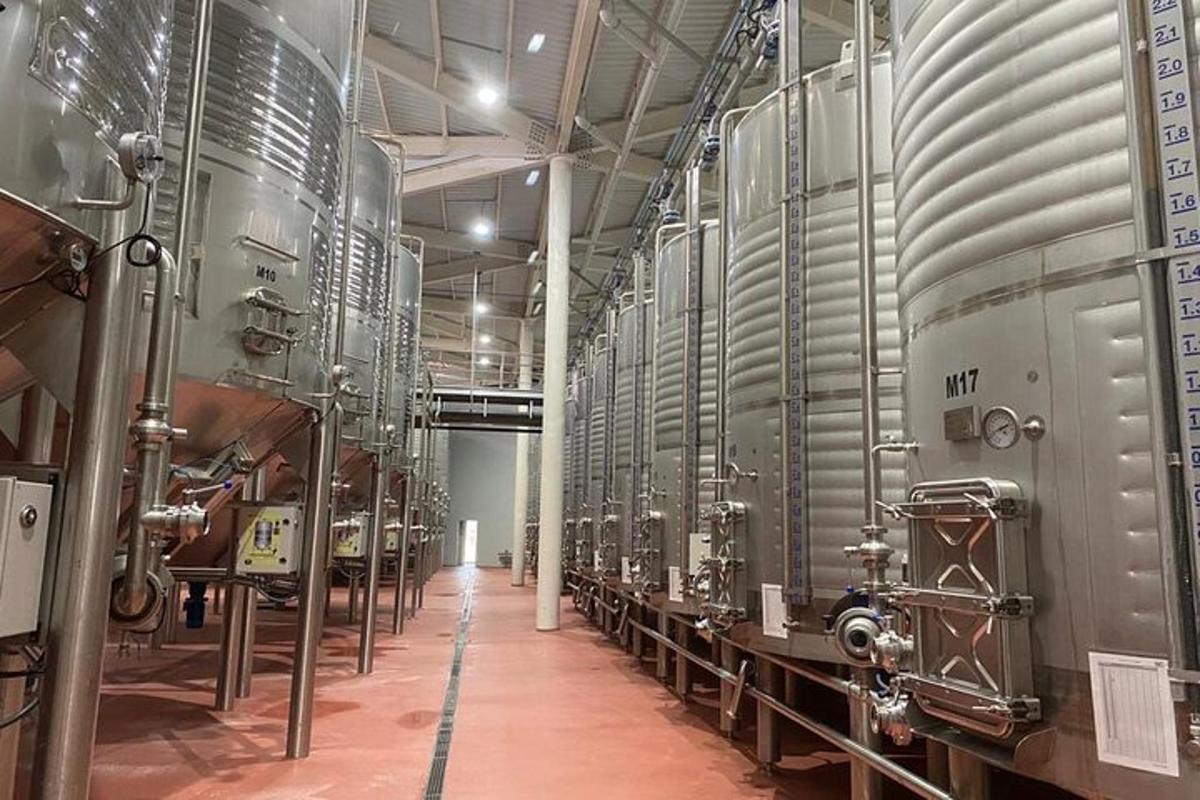 uma cervejaria com uma fileira de tanques prateados