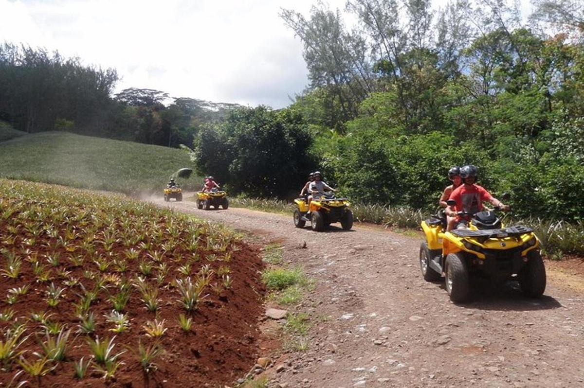 a group of people riding on atvs on a dirt road