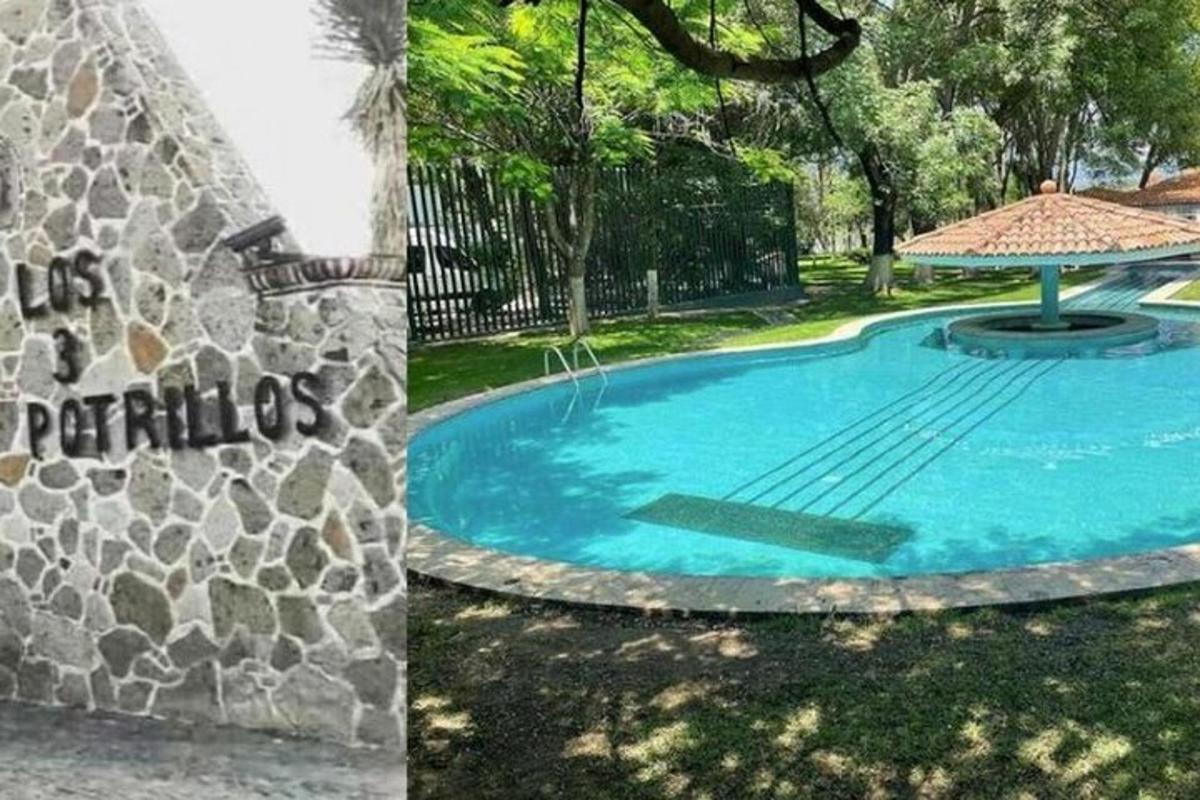 Dos fotografías de una piscina en un parque.