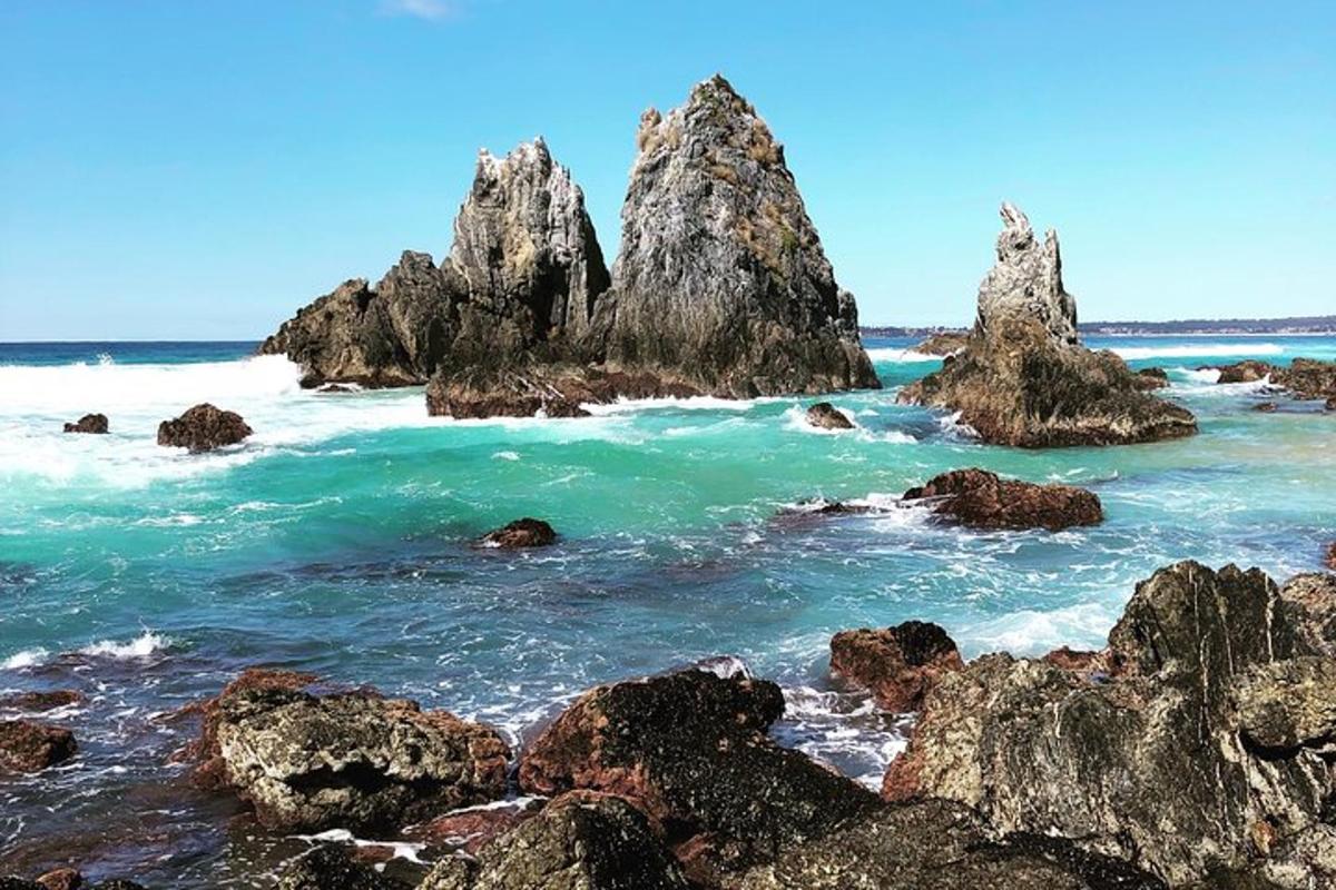 a group of rocks in the ocean near the shore