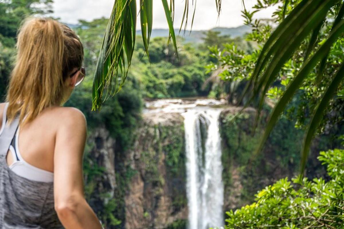 una dona dempeus davant d'una cascada