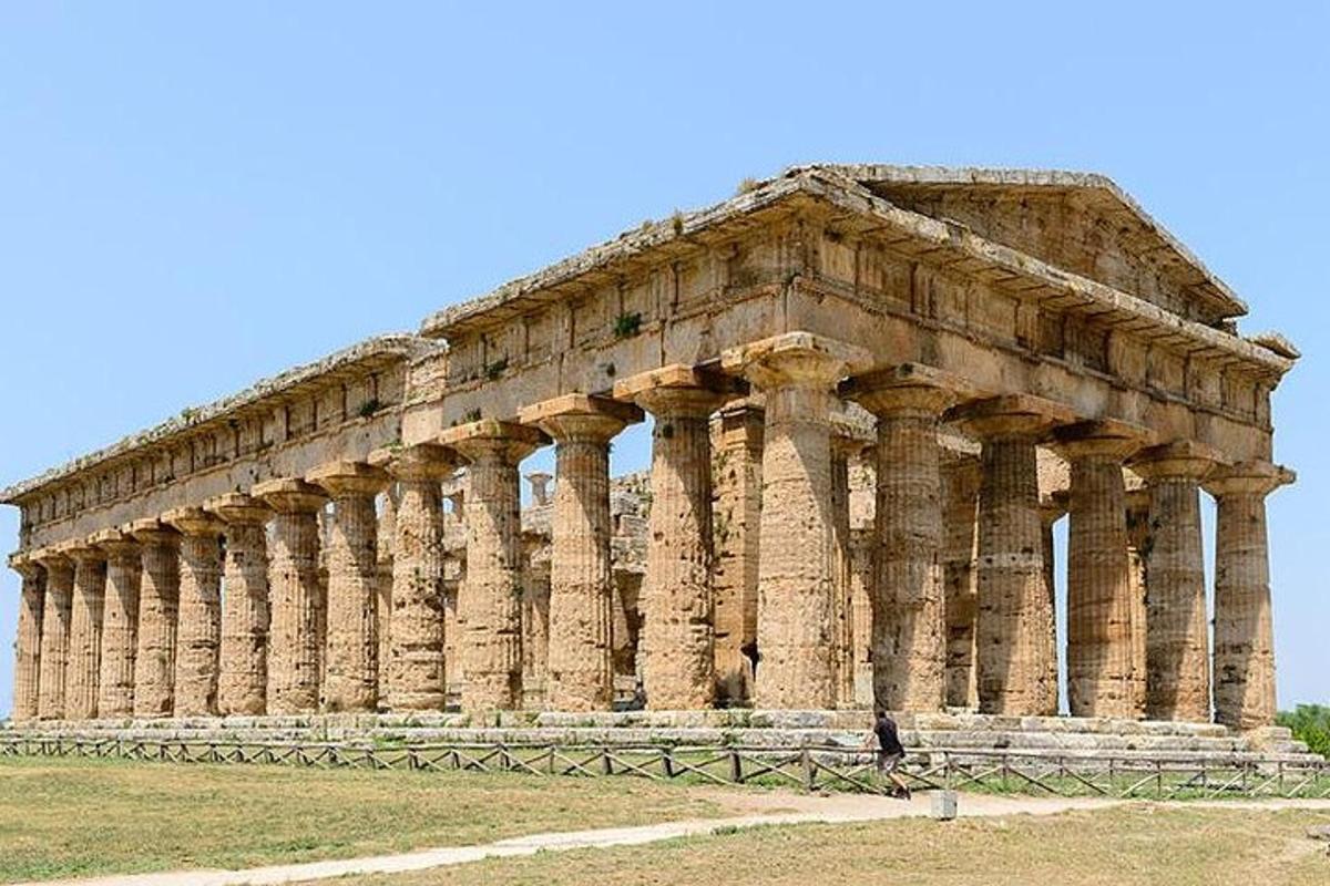 Un edificio antiguo con columnas en un campo.