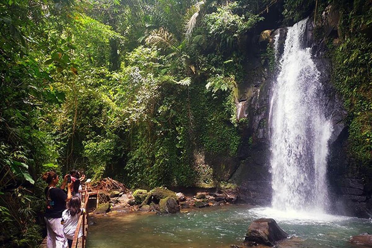 um grupo de pessoas em pé em frente a uma cachoeira