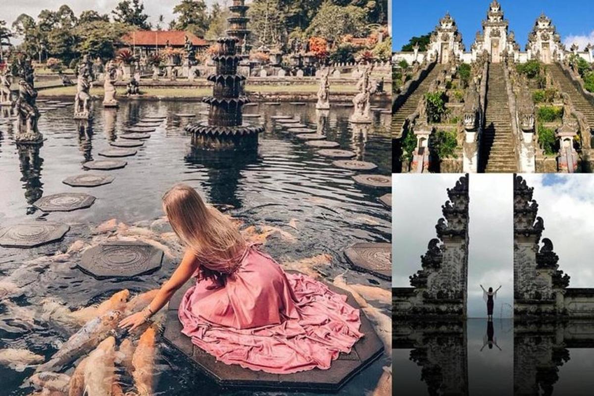 un collage de fotos d'una noia amb un vestit rosa asseguda en una font