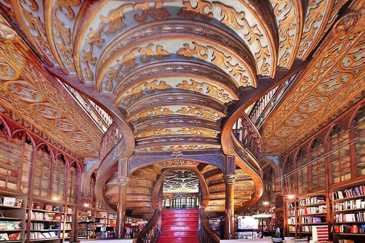 o bibliotecă cu tavan casetat și o scară înăuntru