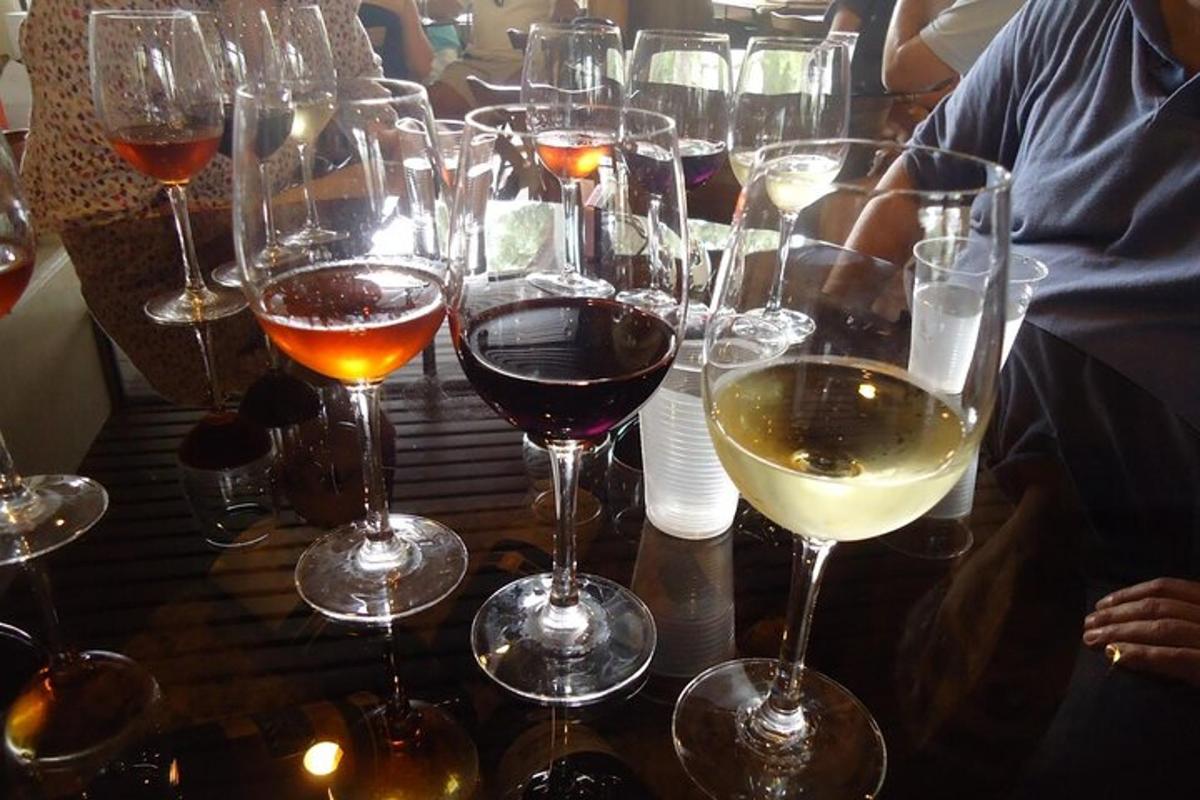 um grupo de taças de vinho sobre uma mesa
