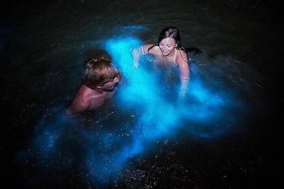 zwei Personen im Wasser mit blauem Rauch