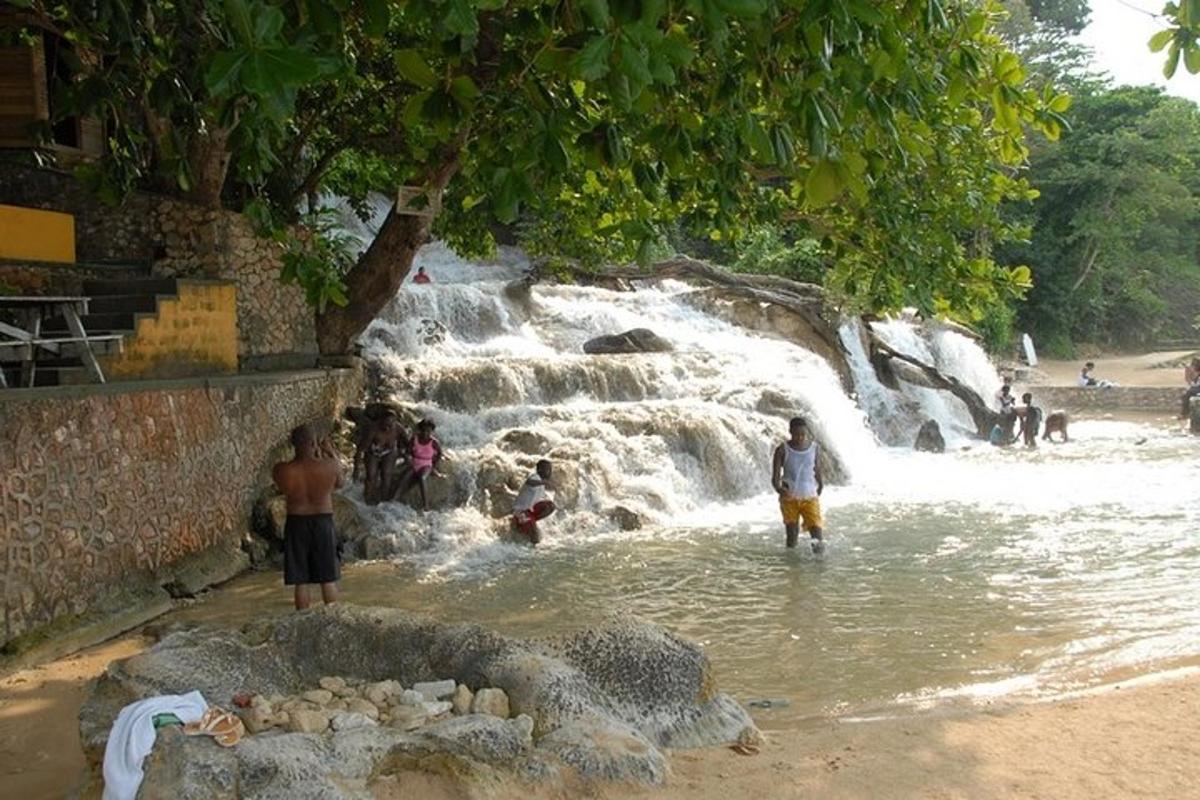 Un grupo de personas de pie en el agua cerca de una cascada.