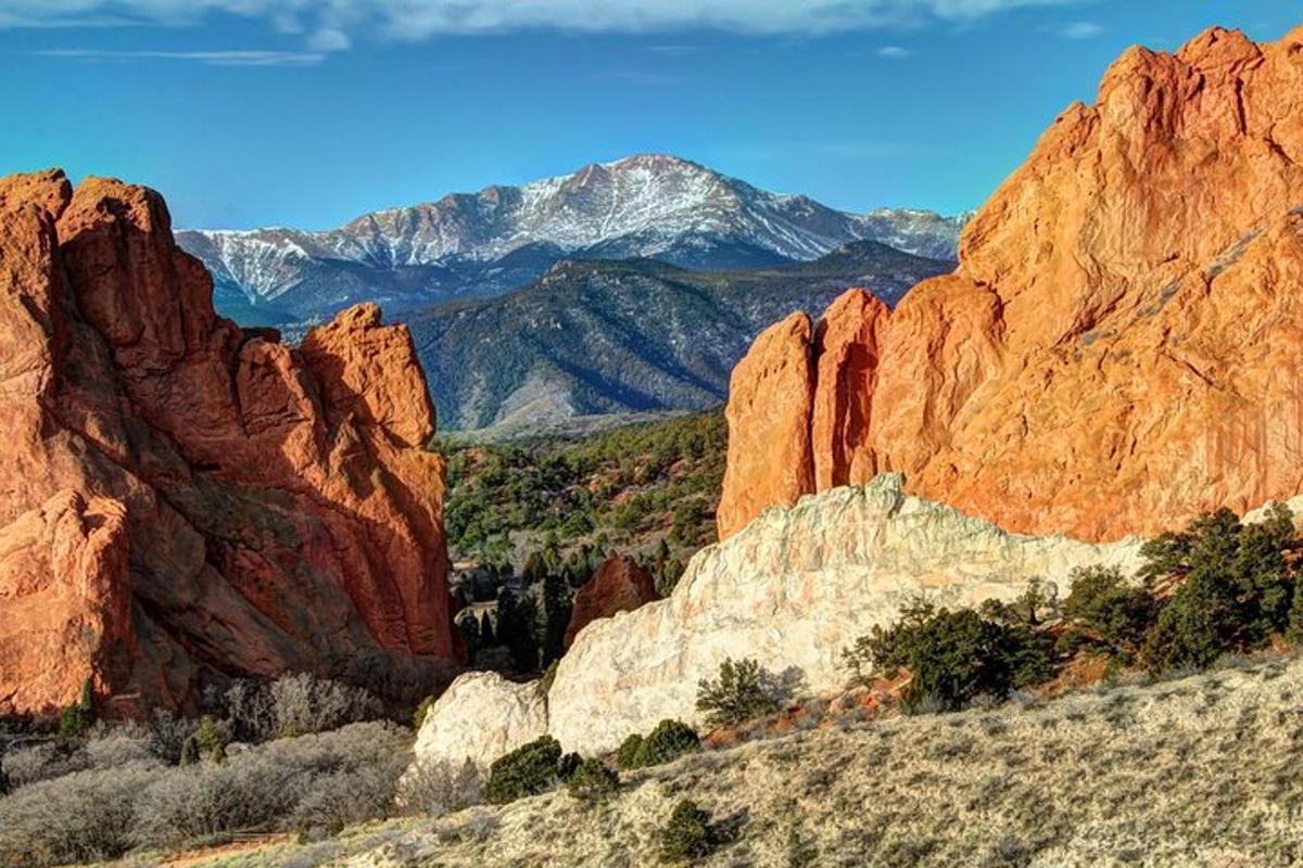 una vista di un canyon con una montagna coperta di neve