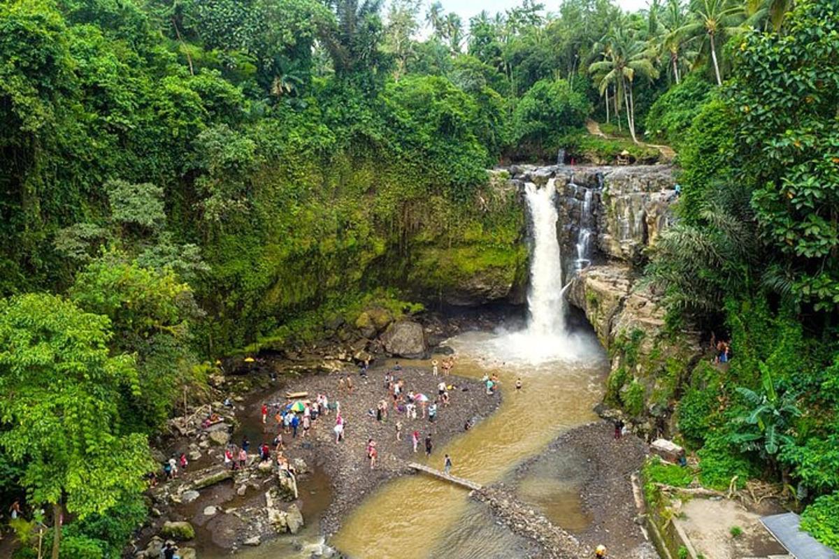 un grup de persones dempeus a l'aigua prop d'una cascada