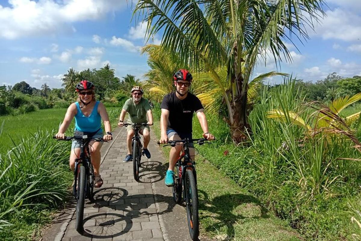 a group of people riding bikes down a path