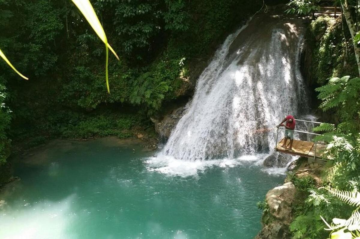 una persona in piedi su un ponte di fronte a una cascata