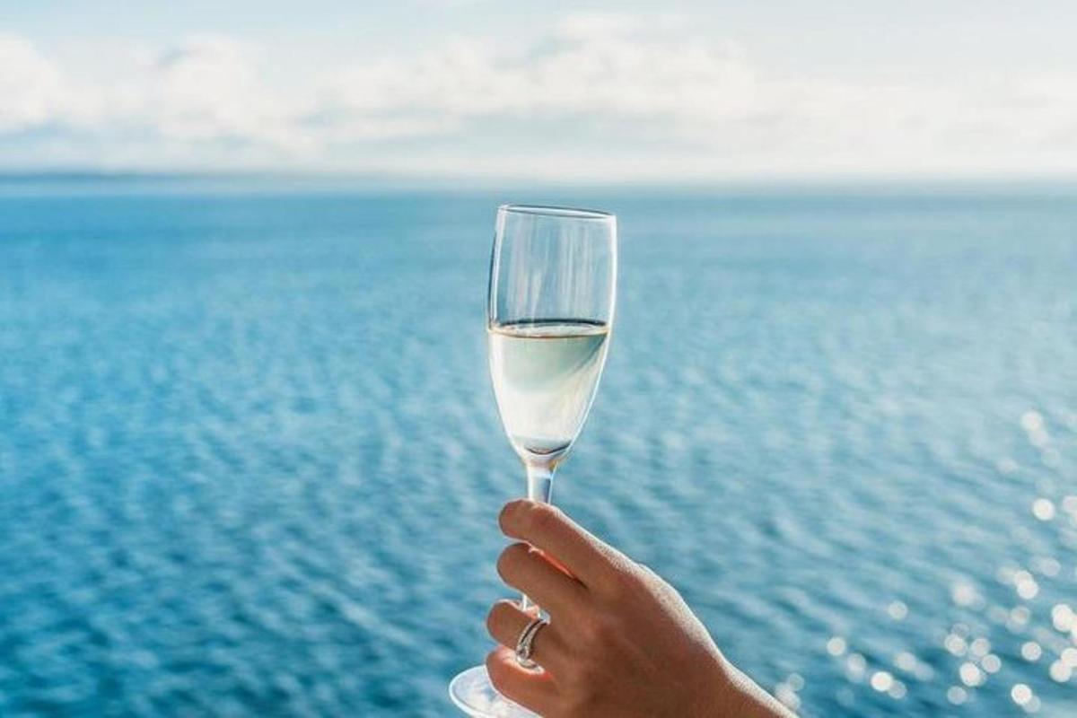 eine Person mit einem Glas Wein vor dem Meer