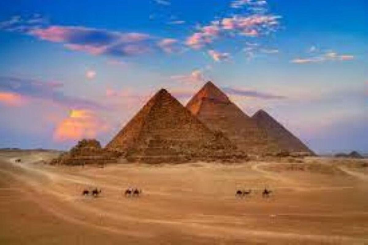 مجموعة من الأهرامات في الصحراء مع الفيلة في المقدمة