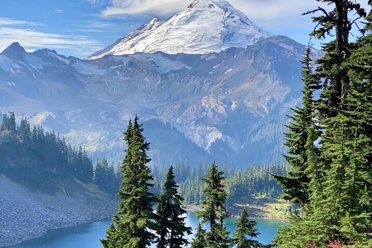 una vista di una montagna con un lago e alberi