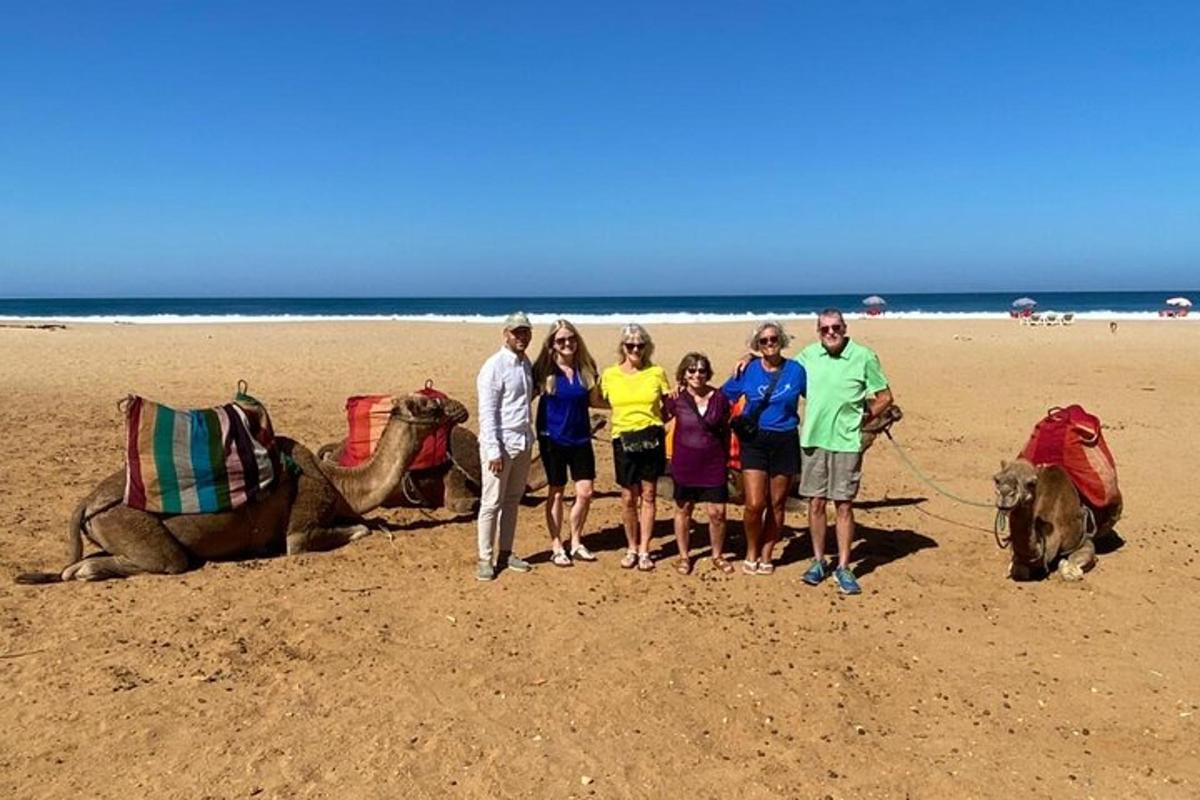 קבוצת אנשים עומדת על חוף ים עם שני גמלים