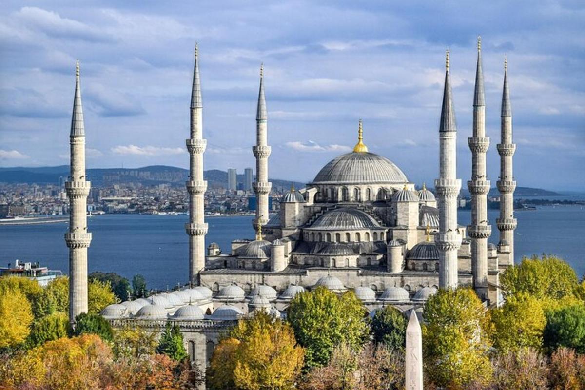 mavi kubbeleri ve camileri olan büyük bir bina