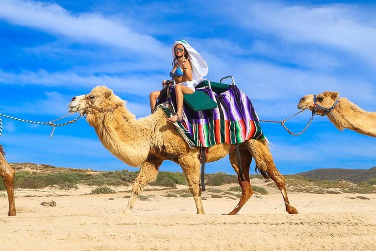 una mujer montando un camello en la playa