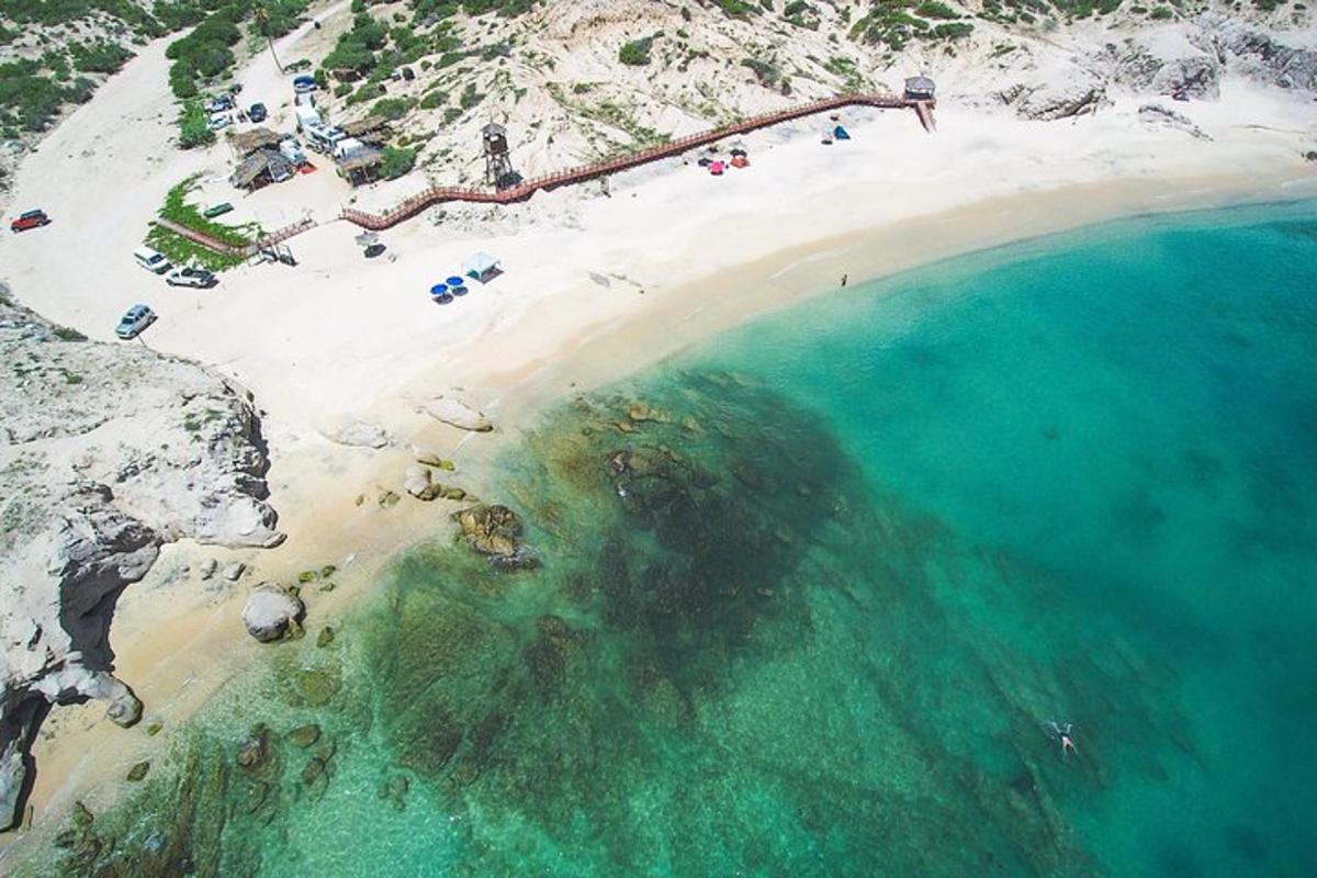 uma vista aérea de uma praia com pessoas nela