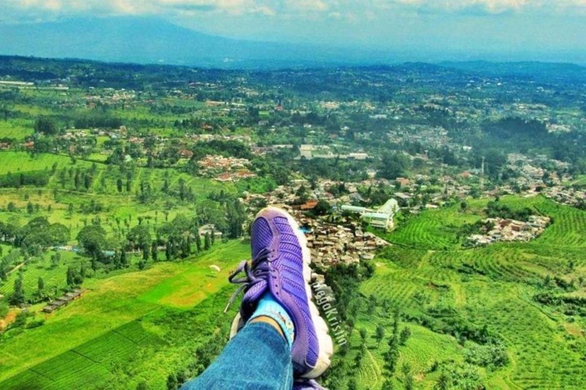 una persona con le scarpe viola in piedi in cima a una collina