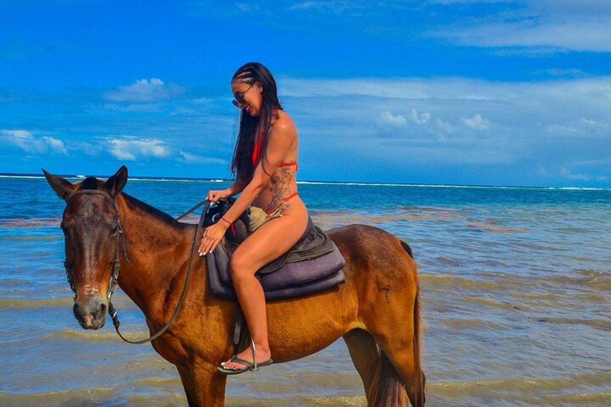 o femeie în bikini călare pe un cal pe plajă