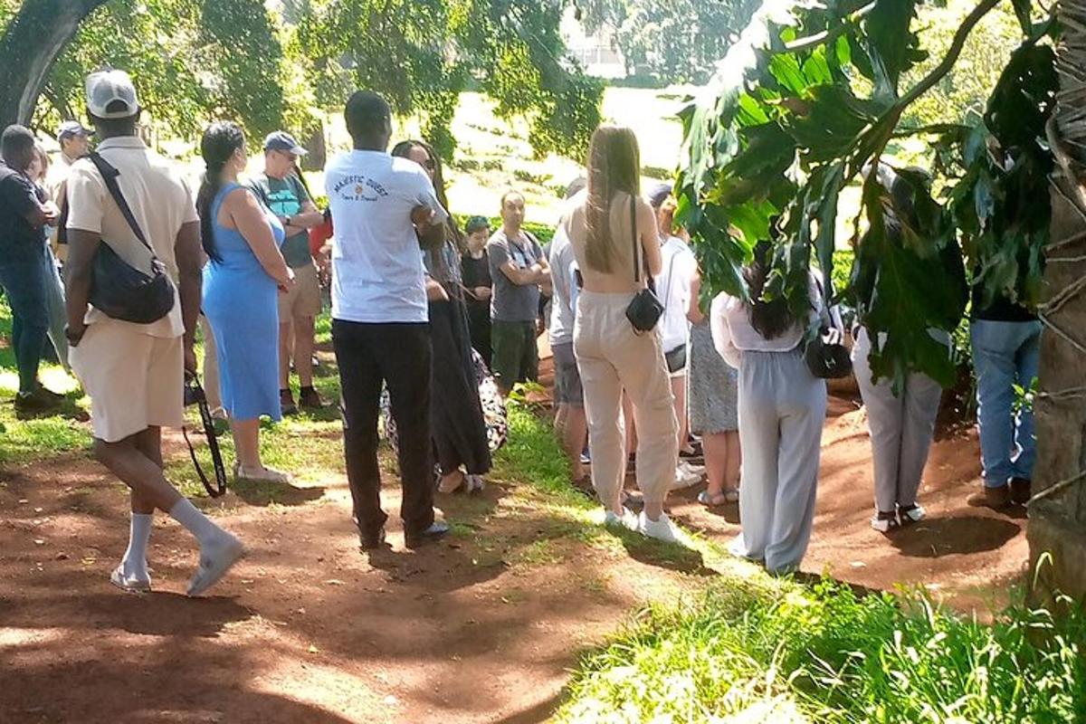 un grup de oameni care merg pe un drum de pământ