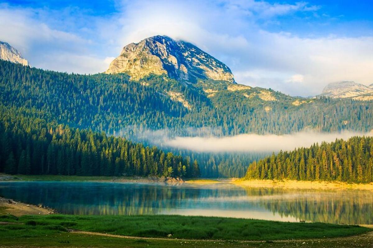 Un reflejo de montaña en un lago con árboles.