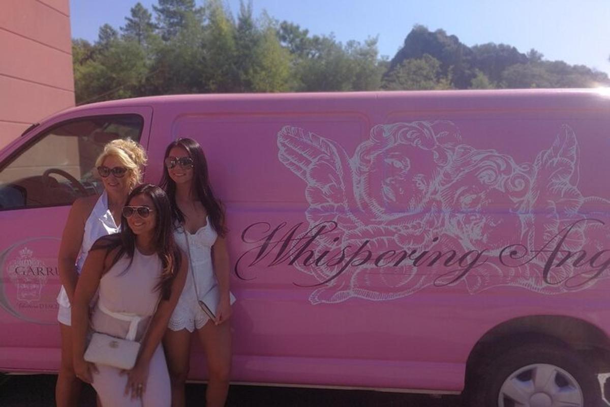 três mulheres em pé na frente de uma van rosa