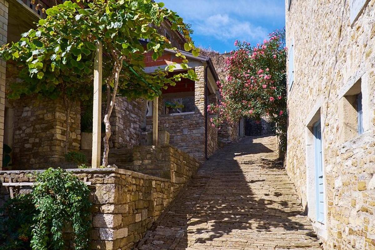 un carreró amb un edifici de pedra amb flors