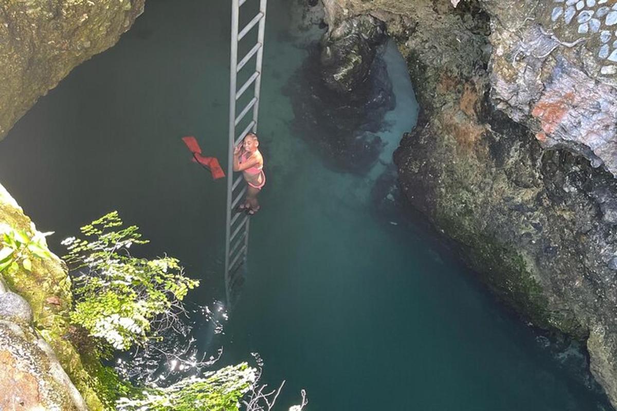 un uomo è in piedi su una scala in un fiume