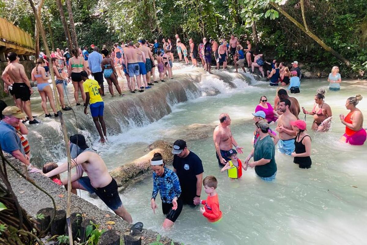 Un grupo de personas en el agua cerca de una cascada.