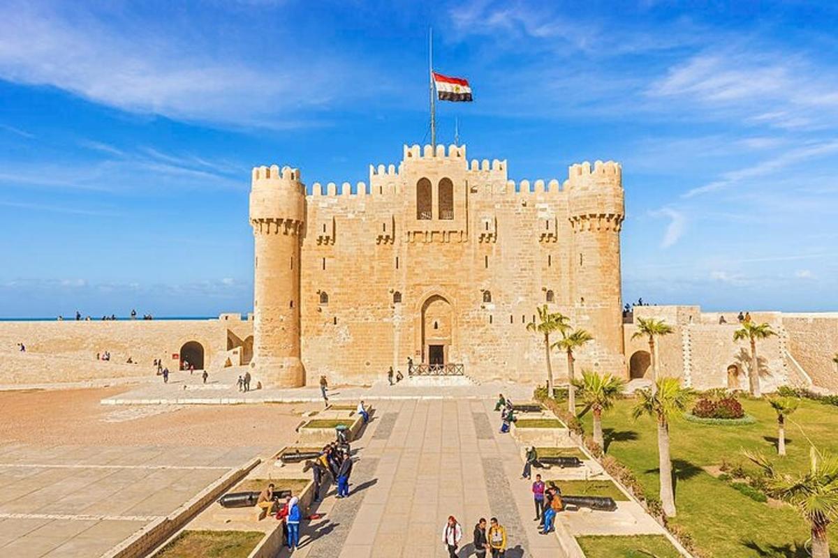 a large castle with a flag on top of it
