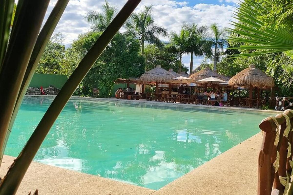 una piscina con ombrelloni e un ristorante