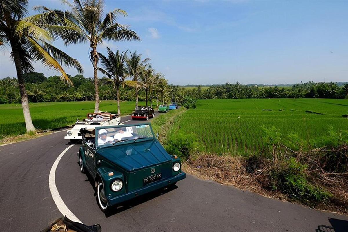 a green car parked on a road next to a field