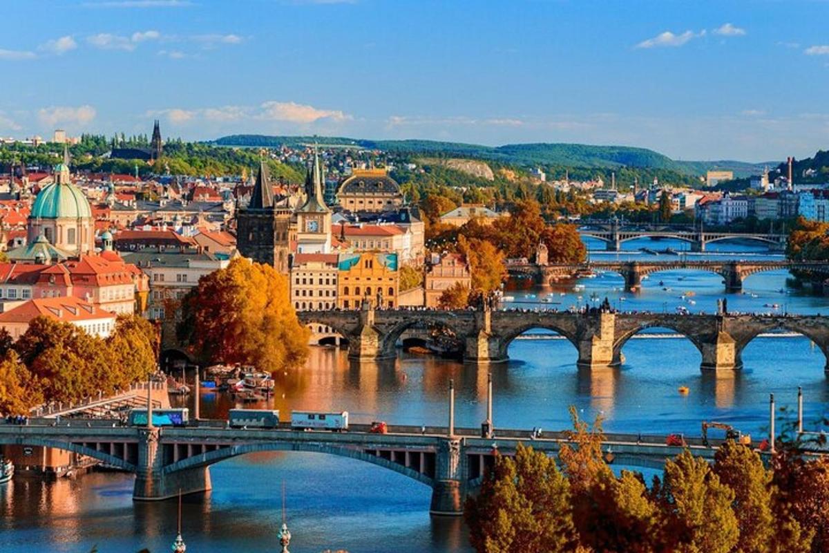 pohled na město s mostem přes řeku
