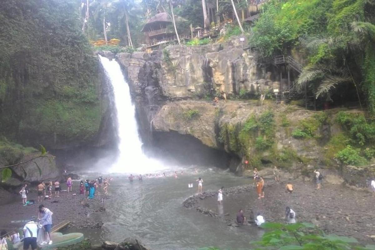un gruppo di persone in piedi nell'acqua vicino a una cascata