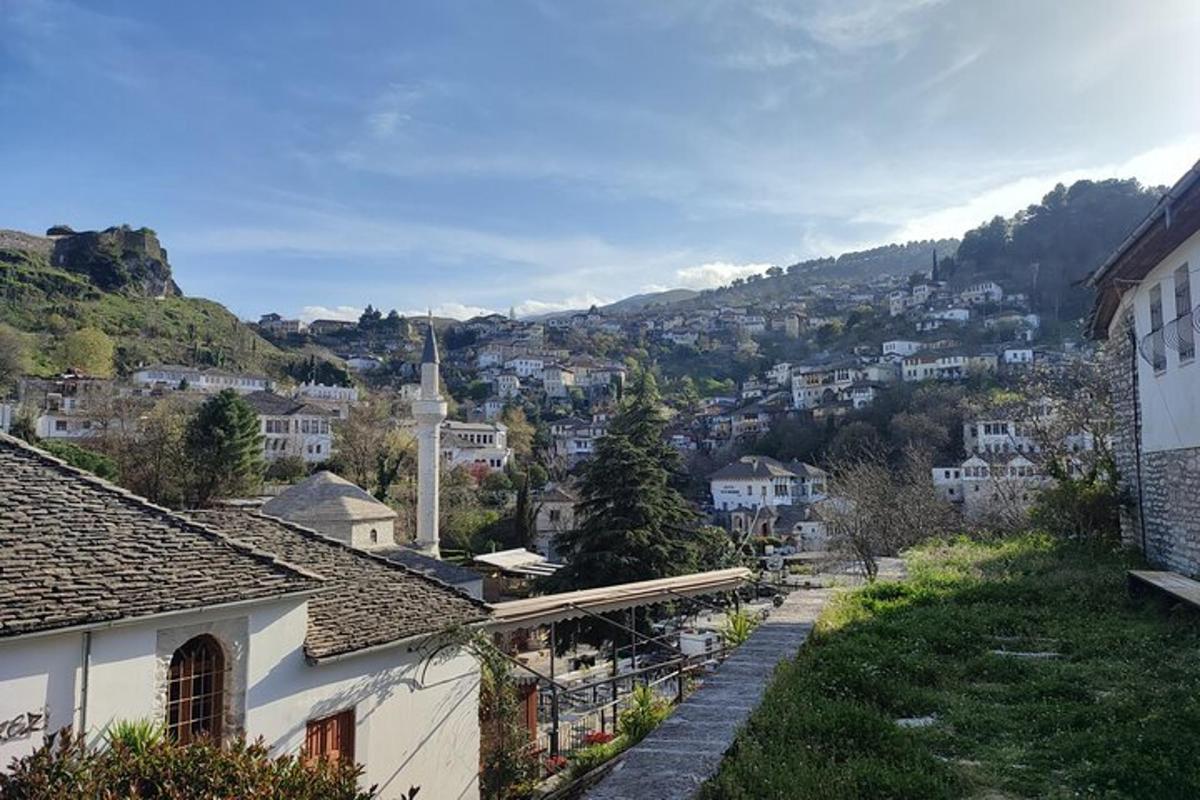 una vista de un pueblo con una colina