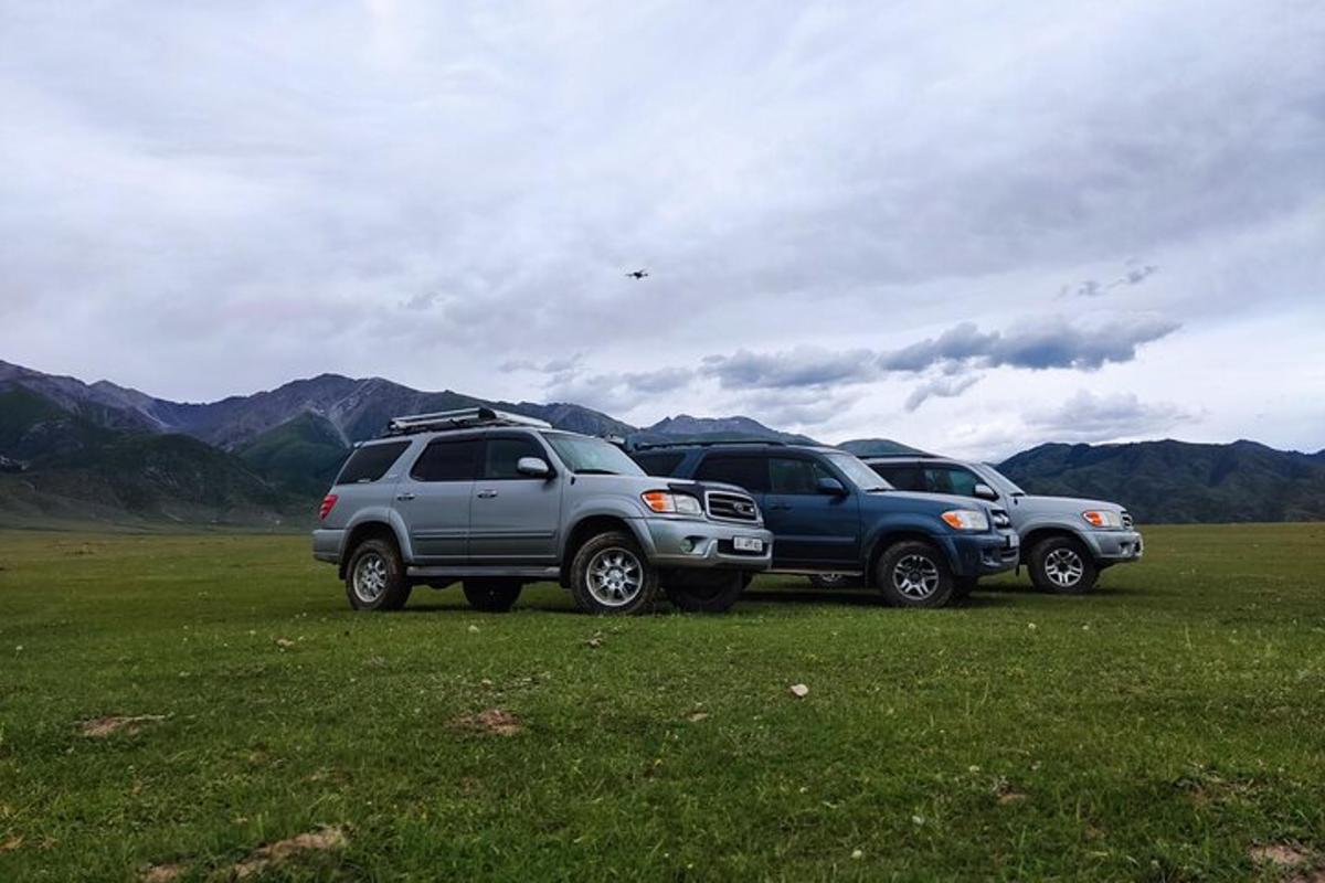 dois utilitários esportivos estacionados em um campo com montanhas ao fundo