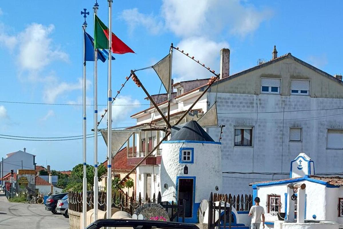 Vindmylla ofan á byggingu með fánum á henni