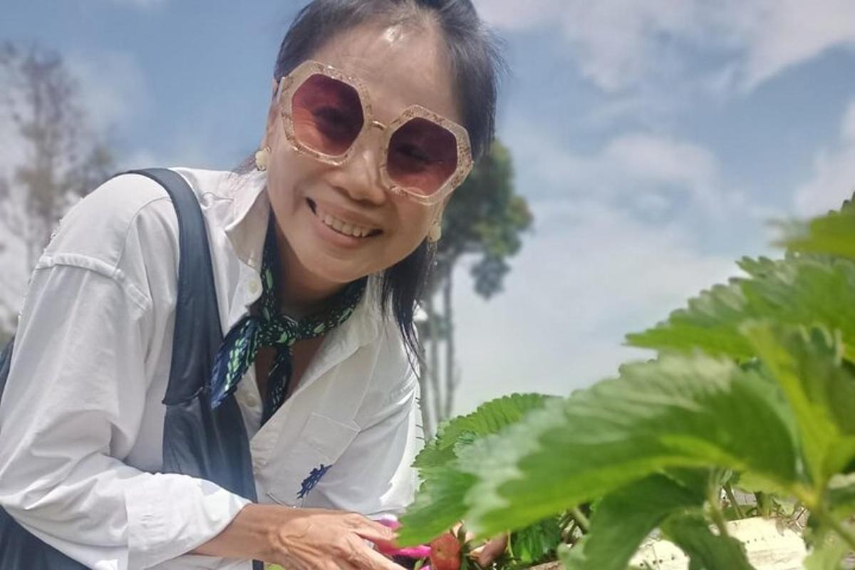 Una mujer con gafas de sol mirando una planta.