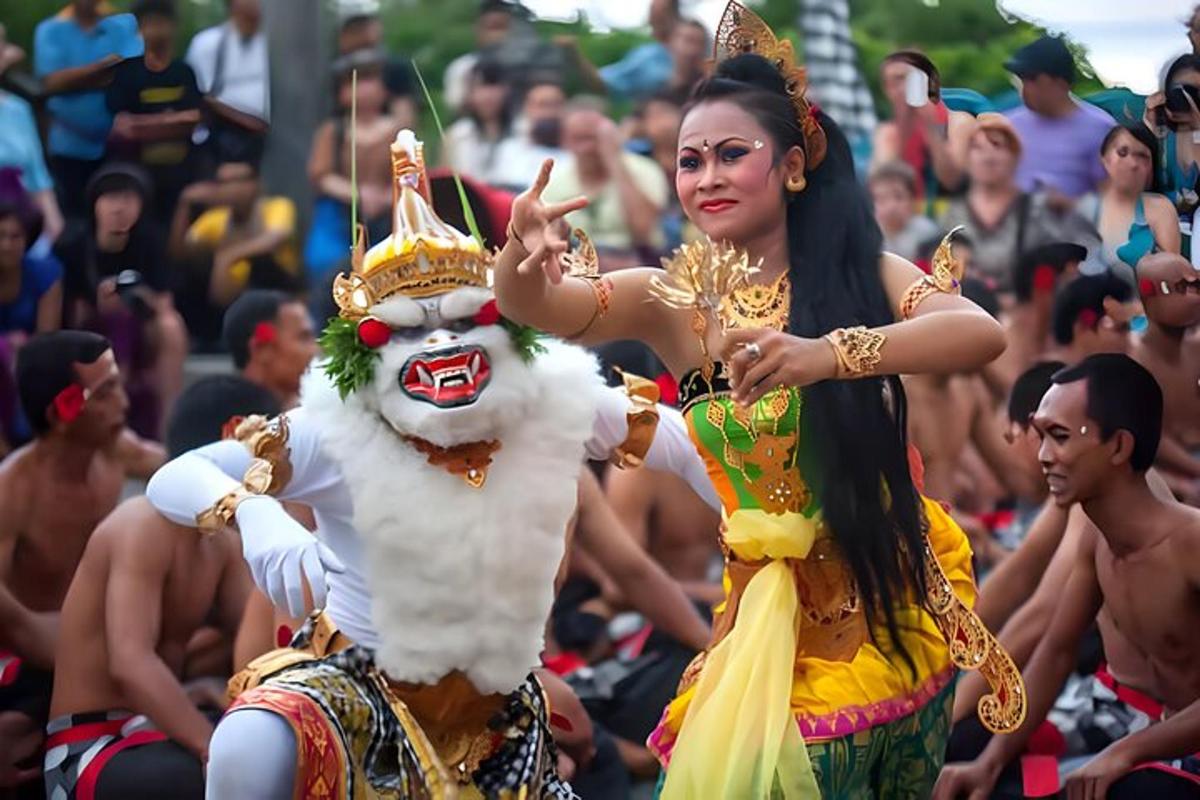 seorang wanita memakai kostum singa dalam kerumunan orang
