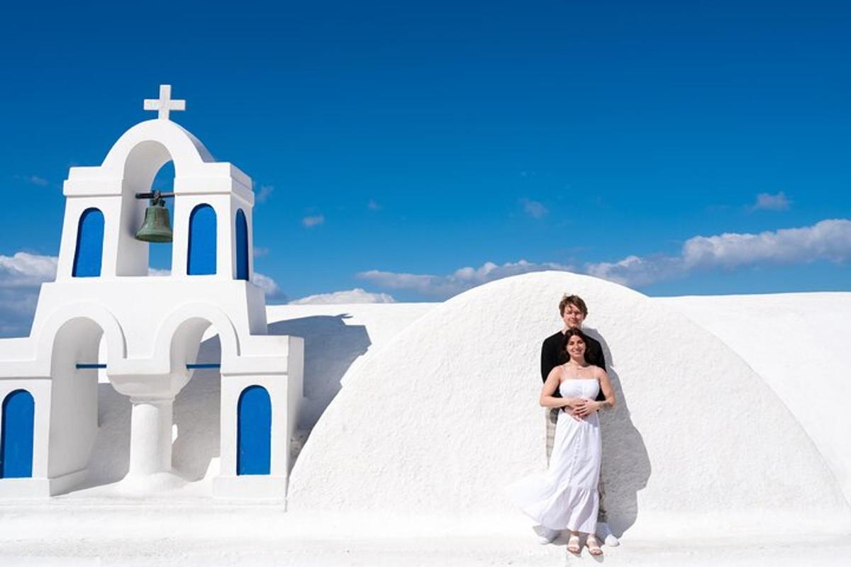 a man and a woman standing in front of a church