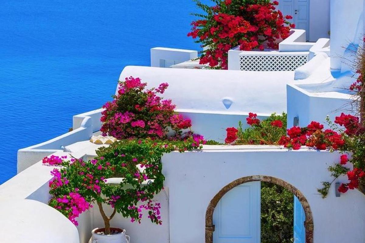un ram de flors al costat d'un edifici blanc