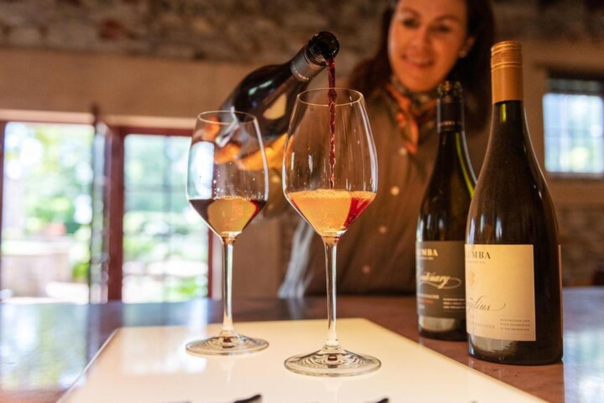 duas taças de vinho em uma mesa com uma mulher