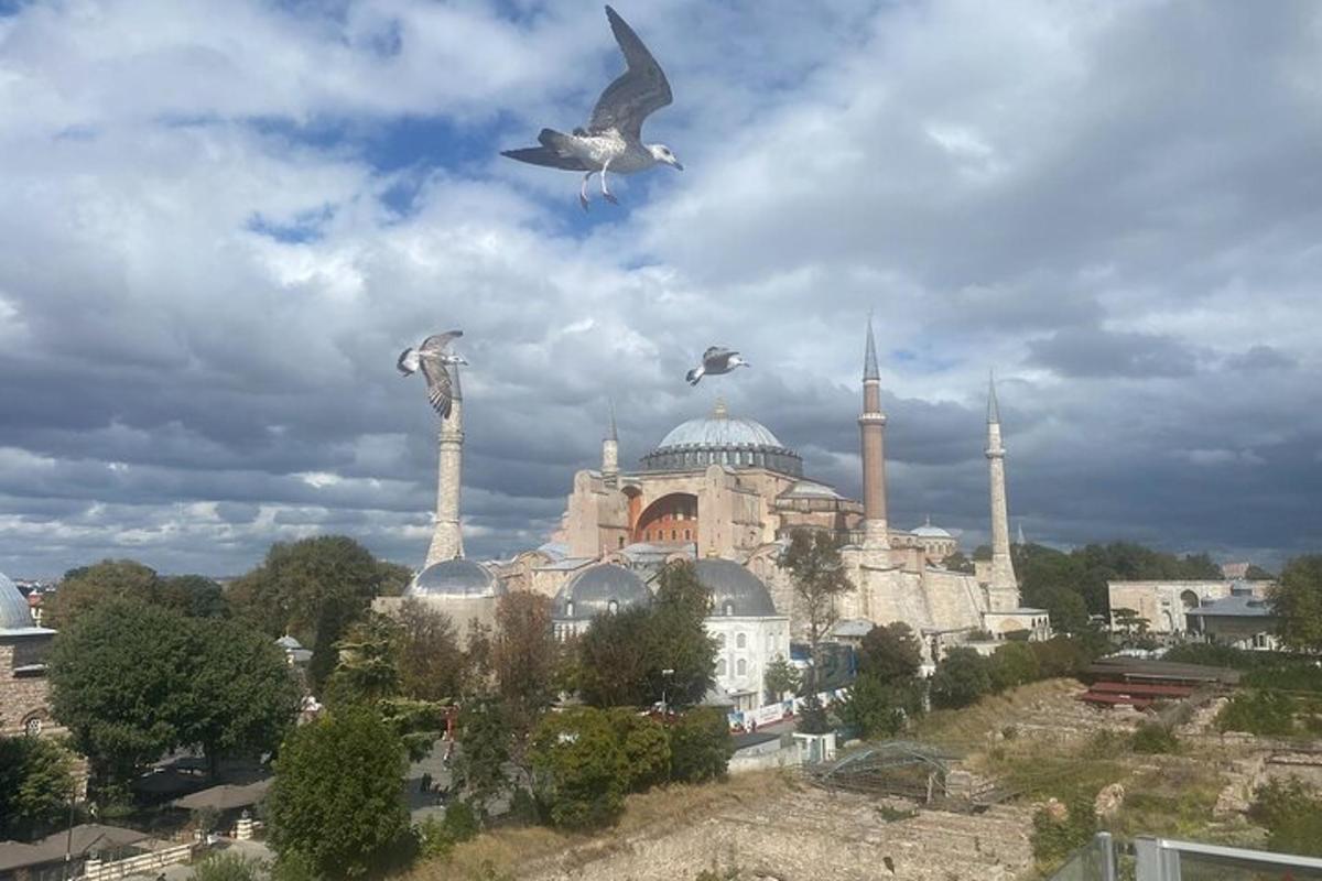un grup d'ocells volant davant d'una mesquita