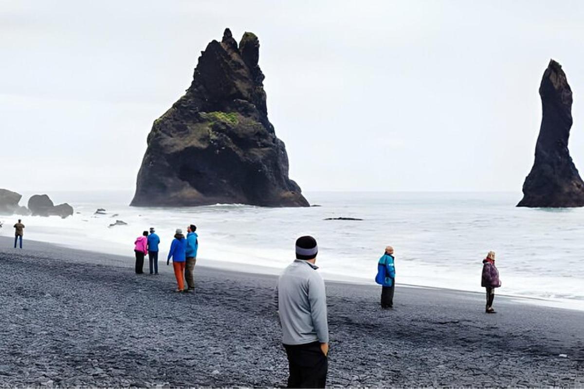 un gruppo di persone in piedi su una spiaggia vicino all'oceano